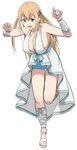  1girl amagi_brilliant_park bare_shoulders blonde_hair blue_eyes blush breasts cameltoe cleavage female full_body hair_ribbon happy katte_ni_kappa large_breasts long_hair looking_at_viewer open_mouth ribbon sandals shorts solo standing sylphy_(amaburi) twintails 