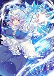  apron blue_eyes breasts commentary dress hat ice iroyopon juliet_sleeves large_breasts letty_whiterock long_sleeves mob_cap open_mouth puffy_sleeves purple_dress purple_hair shirt solo touhou waist_apron 