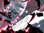 animal_ears bandages bare_shoulders detached_sleeves fingernails hat highres inubashiri_momiji looking_at_viewer monochrome red_eyes short_hair solo sooru0720 tail tokin_hat touhou wolf_ears wolf_tail 