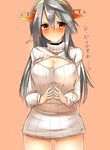  alternate_costume black_hair blush breasts cleavage cleavage_cutout cowboy_shot hair_ornament hairclip haruna_(kantai_collection) headgear highres jewelry kantai_collection large_breasts long_hair looking_at_viewer meme_attire open-chest_sweater orange_background ribbed_sweater ring sketch smile solo sweater translated tsukui_kachou turtleneck wedding_band 