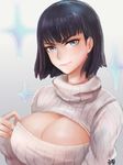  bad_id bad_pixiv_id black_hair blue_eyes breasts cleavage eyebrows highres kill_la_kill kiryuuin_satsuki large_breasts looking_at_viewer meme_attire open-chest_sweater ribbed_sweater short_hair solo sparkle sweater tasselcat thick_eyebrows turtleneck upper_body 