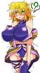  ? adapted_costume bare_shoulders blonde_hair blue_legwear blue_leotard blush breasts green_eyes highres large_breasts leotard mizuhashi_parsee parody pointy_ears rindou_(p41neko) solo spoken_question_mark taimanin_(series) taimanin_suit thighhighs touhou 