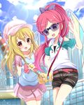  aikatsu! aikatsu!_(series) arms_behind_back bag blonde_hair brown_eyes hat hoshimiya_ichigo long_hair multiple_girls nomikata otoshiro_seira red_eyes red_hair ribbon shirt shorts skirt smile sunglasses t-shirt waving 