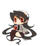  1girl black_hair black_legwear breasts chibi crossed_arms dated drinking filia_(skullgirls) long_hair looking_at_viewer mota red_eyes samson_(skullgirls) simple_background sitting skirt skullgirls solo thighhighs white_background 