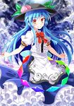  blue_hair blush cloud dress e.o. food food_on_head frilled_dress frills fruit fruit_on_head hat hinanawi_tenshi jpeg_artifacts long_hair looking_at_viewer object_on_head peach red_eyes smile solo touhou tsurime very_long_hair 