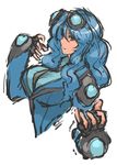  blue_hair breasts fingerless_gloves gen_5_pokemon gloves goggles goggles_on_head highres large_breasts long_hair nameo_(judgemasterkou) personification pokemon red_eyes seismitoad solo upper_body 