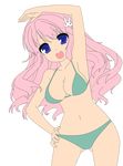  1girl absurdres baka_to_test_to_shoukanjuu bare_midriff bikini blue_eyes breasts busty cleavage erect_nipples hair_ornament hairclip highres himeji_mizuki hips large_breasts legs long_hair looking_at_viewer mound_of_venus navel open_mouth photoshop pink_hair smile solo standing swimsuit thighs tongue transparent_background vector_trace 