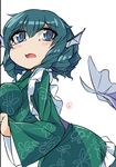  blue_eyes blue_hair breast_press breasts drill_hair fun_bo head_fins japanese_clothes kimono large_breasts looking_at_viewer mermaid monster_girl open_mouth short_hair solo tears touhou wakasagihime white_background 