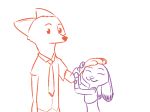  2016 :3 anthro bulletproof_vest canine clothed clothing dipstick_ears disney duo female fox hand_on_head judy_hopps lagomorph male mammal necktie nick_wilde petting police_uniform rabbit simple_background smile tggeko uniform white_background wrist_grab zootopia 