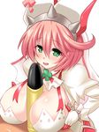  blue_eyes blush breasts bullet cleavage clover dress elphelt_valentine four-leaf_clover gloves guilty_gear guilty_gear_xrd hat heart heart-shaped_pupils konno_tohiro large_breasts open_mouth paizuri pink_hair sexually_suggestive shell short_hair smile solo spikes symbol-shaped_pupils upper_body 