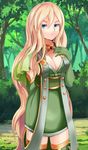  bad_id bad_pixiv_id bangs blonde_hair blue_eyes breast_suppress breasts chihashi_keishuu cleavage expressionless forest jewelry large_breasts long_hair looking_at_viewer micaela_(mon-musu_quest!) mon-musu_quest! nature sidelocks solo thighhighs tree very_long_hair zettai_ryouiki 