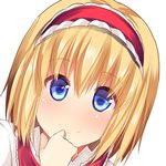  alice_margatroid bad_id bad_pixiv_id blonde_hair blue_eyes blush closed_mouth finger_to_mouth hairband lolita_hairband looking_at_viewer lowres masa_(miyabitei) portrait smile solo touhou 