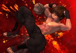  1boy abs amakusa_hiroshi blood blood_on_face brown_eyes brown_hair child clenched_hand fire fist injury male male_focus muscle navel ninja nipples original pants sandals solo topless 