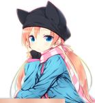  animal_hat blue_eyes blush cat_hat coat hat long_hair looking_at_viewer low_twintails orange_hair original pink_scarf scarf simple_background solo striped striped_scarf tareme twintails white_background zizi_(zz22) 