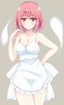  absurdres apron bad_id bad_pixiv_id bare_shoulders breasts collarbone hand_on_hip highres large_breasts light_smile looking_at_viewer naked_apron pink_hair saigyouji_yuyuko short_hair solo strap_pull touhou wendell 