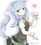  animal_ears bad_id bad_twitter_id blue_eyes blue_hair gloves hatsukaze_(kantai_collection) heart kantai_collection long_hair shijima_(sjmr02) smile solo tail twitter_username uniform vest white_gloves 