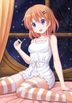  :d blush breasts brown_hair camisole collarbone cotton_swab curtains gochuumon_wa_usagi_desu_ka? hair_ornament hairclip highres holding hoto_cocoa kazenokaze medium_breasts open_mouth purple_eyes sitting smile snowing solo striped striped_legwear thighhighs wariza window zettai_ryouiki 