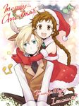  1girl :d aino_yumeri animal_ears antlers blonde_hair braid brown_eyes brown_hair christmas elbow_gloves freckles gloves green_eyes hat hug hug_from_behind isuzu_(log_horizon) log_horizon long_hair lunderhaus_cord open_mouth red_gloves reindeer_antlers reindeer_ears santa_costume santa_hat short_hair smile 