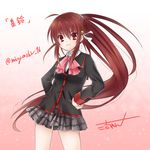  bow brown_hair grin highres little_busters! long_hair miyoshi_yun natsume_rin pink_bow ponytail red_eyes school_uniform smile very_long_hair 