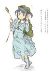  backpack bag blue_hair chii-kun_(seedyoulater) hair_bobbles hair_ornament hand_on_ear hat kawashiro_nitori key short_hair skirt smile solo touhou translated twintails 