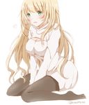  atago_(kantai_collection) bad_id bad_pixiv_id black_legwear blonde_hair breasts cleavage cleavage_cutout green_eyes heart hiro_(hirohiro31) kantai_collection large_breasts long_hair long_sleeves meme_attire naked_sweater open-chest_sweater open_mouth sitting solo sweater thighhighs turtleneck v_arms very_long_hair wariza zettai_ryouiki 