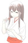  akagi_(kantai_collection) brown_hair closed_eyes dango eating food food_on_face hakama himura_kiseki japanese_clothes kantai_collection long_hair red_hakama simple_background sketch skewer smile solo upper_body wagashi white_background 