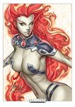  armor bikini_armor breasts dc_comics green_eyes large_breasts long_hair navel red_hair revealing_clothes sideboob smile solo stanley_lau starfire superhero teen_titans toned traditional_media 