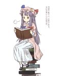  book book_stack bow chii-kun_(seedyoulater) crescent hair_bow hat long_hair patchouli_knowledge purple_hair ribbon solo touhou translated 