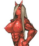  abs areolae breasts hair_over_one_eye highres horns huge_nipples large_areolae large_breasts looking_at_viewer monster_girl multicolored multicolored_eyes muscle nameo_(judgemasterkou) nipples nude oni original red_eyes red_oni red_skin silver_hair solo yellow_eyes 