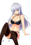  black_bra black_legwear black_panties bra breasts butter-t cameltoe capsule choker cleavage grey_hair knee_up large_breasts lavender_eyes long_hair navel original panties pill sitting solo thighhighs underwear underwear_only 