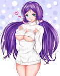  areola_slip areolae blue_eyes breasts cleavage cleavage_cutout heart highres large_breasts long_hair looking_at_viewer love_live! love_live!_school_idol_project meme_attire no_pants open-chest_sweater purple_hair ribbed_sweater solo sweater toujou_nozomi twintails underboob underboob_cutout ytoy 