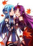  asuna_(sao) asuna_(sao-alo) black_legwear blue_eyes blue_hair breastplate closed_eyes fingerless_gloves gloves hairband highres hiiragi_mina long_hair multiple_girls pointy_ears purple_hair sword_art_online thighhighs very_long_hair yuuki_(sao) zettai_ryouiki 