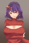  alternate_costume bad_id bad_pixiv_id breast_lift breasts cleavage cleavage_cutout hair_ornament highres large_breasts meme_attire open-chest_sweater purple_hair red_eyes ribbed_sweater smile solo sweater touhou turtleneck upper_body x&amp;x&amp;x yasaka_kanako 