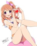  :d aikatsu! aikatsu!_(series) bare_legs bikini blush bow copyright_name downscaled hair_ribbon heart heart_hands highres looking_at_viewer md5_mismatch navel oozora_akari open_mouth orange_bikini orange_hair pink_bow purple_eyes resized ribbon sailor_bikini sailor_collar side_ponytail simple_background sitting smile solo swimsuit twitter_username wara_(warapro) white_background 