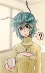  ? antennae bifrst coffee_mug cup green_hair jewelry meme_attire mug necklace open-chest_sweater red_eyes short_hair sketch solo spoken_question_mark sweater touhou wriggle_nightbug 