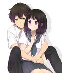  1girl bad_id bad_pixiv_id black_hair chitanda_eru couple green_eyes hetero hug hug_from_behind hyouka long_hair oreki_houtarou purple_eyes school_uniform serafuku short_hair sitting yukichi_(eikichi) 