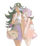  alternate_costume backpack bad_id bad_pixiv_id bag big_hair black_hair blue_hair casual cellphone chromatic_aberration closed_eyes dark_skin dress earrings expressionless goggles goggles_on_head hair_over_one_eye handbag highlights holding_hands izumi_(pokemon) jewelry kagari_(pokemon) light_rays long_hair multicolored_hair multiple_girls nail_polish phone pink_dress pokemon pokemon_(game) pokemon_oras purple_eyes purple_hair purple_skirt signature skirt sleeveless smartphone smile solsticerose sunbeam sunlight team_aqua team_magma two-tone_hair yuri 