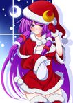  bag breasts capelet cleavage crescent crescent_hair_ornament crescent_moon eichi_yuu gloves hair_ornament hat highres large_breasts long_hair long_sleeves moon night night_sky patchouli_knowledge purple_eyes purple_hair red_capelet red_gloves red_legwear santa_costume santa_hat scrunchie sky solo thighhighs touhou very_long_hair wide_sleeves window zettai_ryouiki 