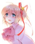  blonde_hair blue_eyes bow hair_ribbon kamikita_komari little_busters! pink_bow ribbon satomi_yoshitaka school_uniform short_hair 