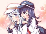  ^_^ akatsuki_(kantai_collection) blue_eyes blue_hair blush closed_eyes hammer_and_sickle hands_on_another's_shoulders hat hibiki_(kantai_collection) kantai_collection long_hair multiple_girls neckerchief open_mouth red_neckwear sasachin_(k+w) school_uniform serafuku skirt smile star verniy_(kantai_collection) 