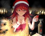  :p bare_shoulders blush breasts candle candlelight christmas cleavage commentary_request erikku_(kata235) fire hat lighter long_hair medium_breasts original red_hair santa_hat solo strap_slip tongue tongue_out 