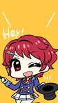  ;d aikatsu! aikatsu!_(series) chan_co chibi english hair_ornament hairclip hat ichinose_kaede one_eye_closed open_mouth red_eyes red_hair short_hair smile solo top_hat yellow_background 