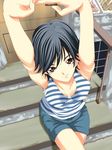  black_hair breasts brown_eyes cowboy_shot denim denim_shorts door kimi_no_iru_machi medium_breasts mishima_asuka official_art seo_kouji shirt short_hair shorts solo stairs stretch striped_tank_top tight_shirt wavy_hair 