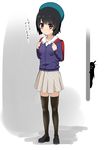  age_regression alternate_costume backpack bag beret black_hair blue_hat evil_smile hat highres kantai_collection long_hair looking_at_another looking_at_viewer mattari_yufi miniskirt multiple_girls nagato_(kantai_collection) peeping randoseru red_eyes school_uniform short_hair silhouette silhouette_demon skirt smile takao_(kantai_collection) thighhighs translated you_gonna_get_raped younger zettai_ryouiki 