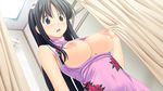  1girl areolae bare_shoulders black_eyes black_hair blush breasts breasts_outside bust cleavage cleavage_cutout covered_navel erect_nipples fukami_nagisa game_cg hair_ribbon highres koutaro long_hair navel nipples open_mouth puffy_nipples ribbon small_breasts solo standing tropical_kiss tropical_vacation twinkle_(company) twinkle_soft upper_body 