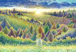  blonde_hair child cloud flower forest from_behind grass hill landscape nature original plant scenery short_hair sky solo takahagi_aya traditional_media tree twilight 