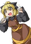  \m/ blonde_hair blush bow breasts dress fang fun_bo heart kurodani_yamame large_bow large_breasts long_sleeves microphone open_mouth short_hair solo touhou white_background yellow_eyes 
