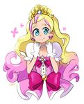  2014 blonde_hair blue_eyes bow choker cure_flora earrings gloves go!_princess_precure gradient_hair haruno_haruka jewelry long_hair magical_girl multicolored_hair pink_bow pink_hair precure puffy_sleeves signature smile solo star_samurai streaked_hair two-tone_hair white_background 