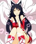  1girl ahri animal_ears bare_legs black_hair braid breasts cleavage desubunny detached_sleeves female flower fox_ears fox_tail highres kitsunemimi league_of_legends long_hair long_sleeves looking_at_viewer multiple_tails single_braid sitting skirt smile solo tail white_skirt yellow_eyes 