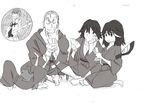  3boys barefoot card gamagoori_ira greyscale highres holding indian_style inumuta_houka jakuzure_nonon kill_la_kill matoi_ryuuko monochrome multiple_boys multiple_girls playing_card sanageyama_uzu senketsu short_hair sitting smile sushio 